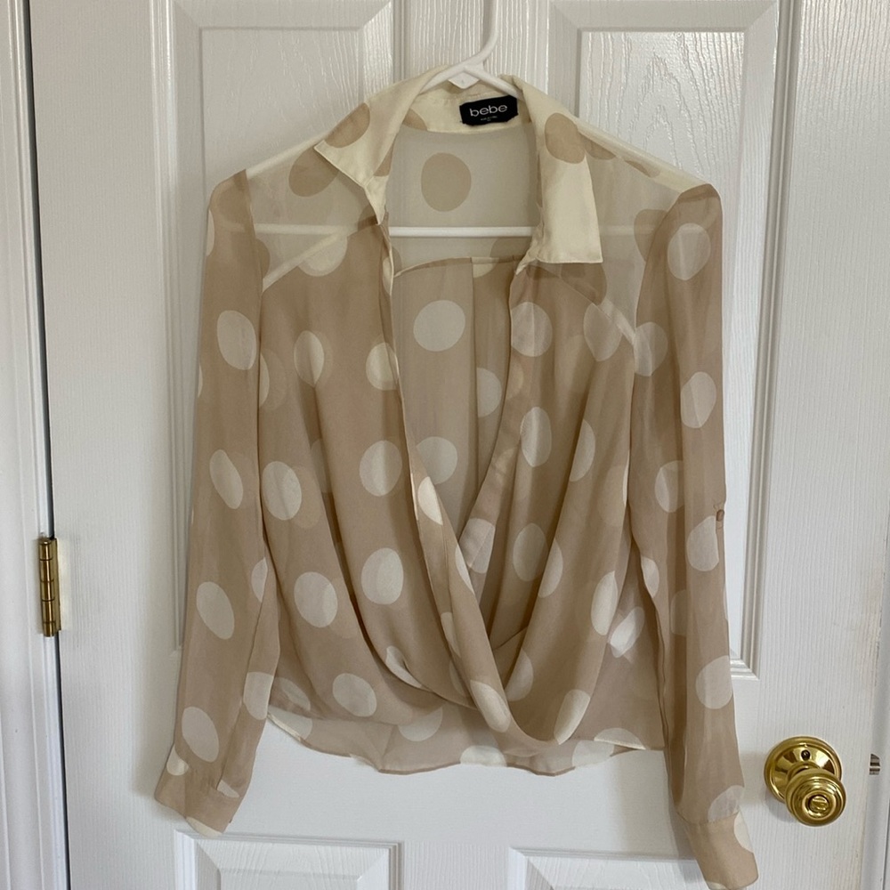 Bebe Sheer Polka Dot Tan Crème Blouse Top